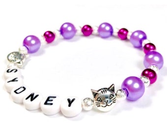 Cat bracelet-cat bracelet girls-purple pearl bracelet-animal bracelet for kids-purple cat bracelet-personalized girls bracelet-cat jewelry