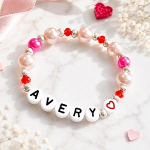 Personalized Valentine’s Bracelet for Girls | Custom Name Heart Bracelet | Kids Pink Pearl Bracelet | Valentine’s Day Gift for Daughter