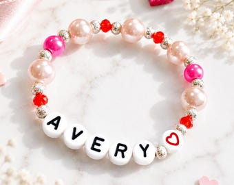 Personalized Valentine’s Bracelet for Girls | Custom Name Heart Bracelet | Kids Pink Pearl Bracelet | Valentine’s Day Gift for Daughter