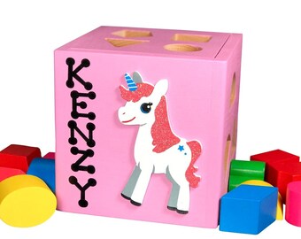 Unicorn eco friendly wooden toy for baby unicorn toddler girls toy educational personalized shape sorting box unicorn baby nursery decor