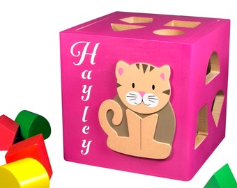 Wooden baby toy cat eco friendly shape sorting box shape sorting toy for babies personalized gift for babies customized toy for one year old