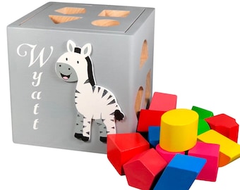Baby toy wooden zebra grey baby nursery decor personalized shape sorting box educational baby toys shape sorter custom box for new baby gift
