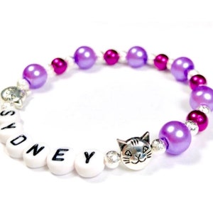 Cat bracelet-cat bracelet girls-purple pearl bracelet-animal bracelet for kids-purple cat bracelet-personalized girls bracelet-cat jewelry