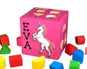 BPA free safe non toxic eco friendly wooden toys for babies unicorn educational toy for baby shape sorter soft pink personalized box with