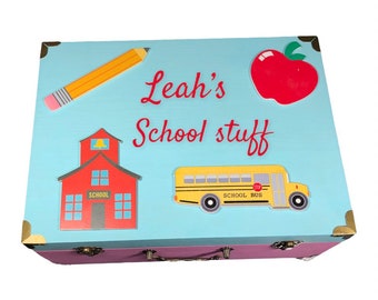 School supplies box, wooden personalized kids box, custom wood boxes, girls boys hinged box, desk organizer for kids, customized boxes