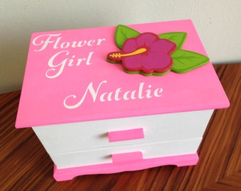 Flower girl gift customized pink white girls jewelry box personalized jewellery box hawaiian flower jewelry organizer gift for a girl