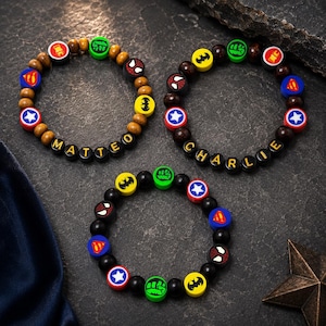 Personalized Superhero Inspired Name Bracelet | Custom Kids Stretch Bracelet | Comic Hero Birthday Gift for Boys
