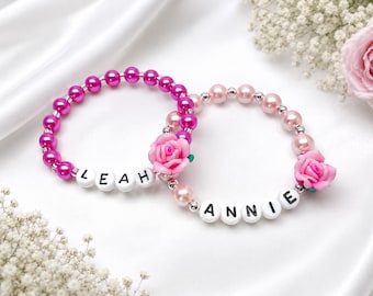 Personalized Toddler Flower Bracelet | Custom Name Bracelet for Girls | Pink Pearl Beaded  Bracelet | Birthday Gift | Flower Girl Jewelry