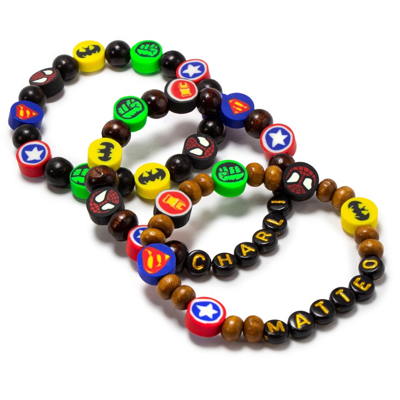 Masculine Boys Wood beaded bracelet, personalized name bracelet for kids, superhero party favor, Christmas stocking stuffer for unisex kids image 3