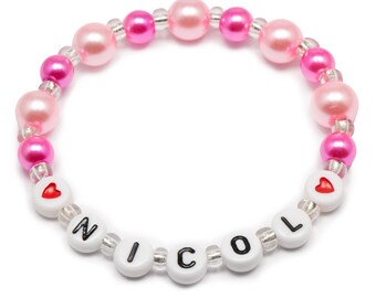 VDay gift girls, Valentines gift for girl, toddler pink heart bracelet, pink pearl bracelets with name, kids stretch jewelry personalized