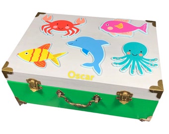 Wood box with hinged lid for kids, personalized storage box children, custom wood box kids, sea creatures birthday gift kids, shore, beach