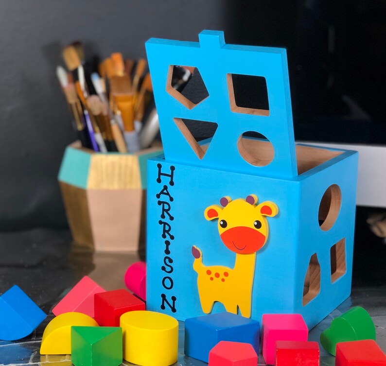 Personalized shape sorting cube customized toddler toy educational wood toy Montessori toys learning toys wood toy elephant toy frog toy image 4