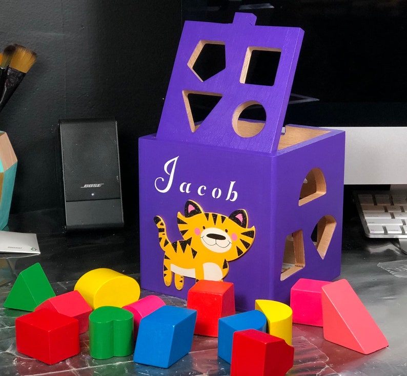 Personalized shape sorting cube customized toddler toy educational wood toy gift for a one year old boy or girl wood toy customize toddler image 4