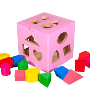 Pink shape sorting cube, gift for a one year old baby girl, educational toys, Montessori toys, baby toys, unicorn baby gift, color sorting image 4