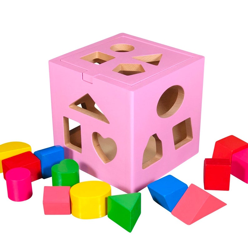 Pink shape sorting cube, gift for a one year old baby girl, educational toys, Montessori toys, baby toys, unicorn baby gift, color sorting image 4
