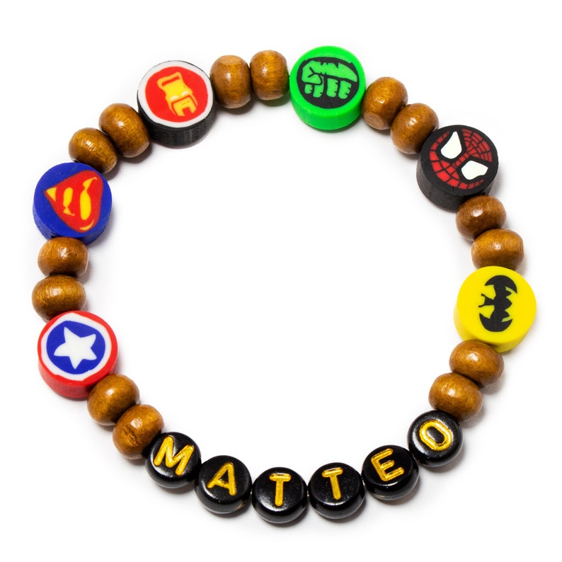 Masculine Boys Wood beaded bracelet, personalized name bracelet for kids, superhero party favor, Christmas stocking stuffer for unisex kids image 5