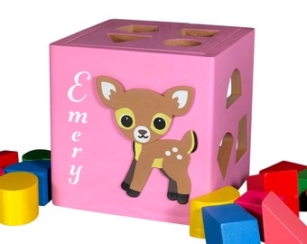 Fawn shape sorter pink blue Christmas gift for one year old boy personalized baby deer customized wooden box educational Montessori shapes