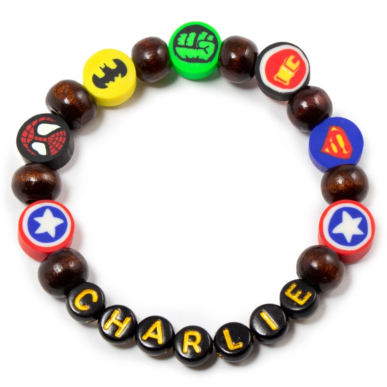 Masculine Boys Wood beaded bracelet, personalized name bracelet for kids, superhero party favor, Christmas stocking stuffer for unisex kids image 4