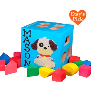 Eco friendly wooden toys dog wooden baby toy shape sorting box shapes and colors educational game personalized baby toys dog wooden toy image 1