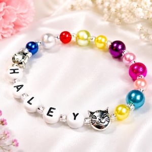 Personalized Rainbow Cat Bracelet | Custom Name Bracelet for Kids | Colorful Toddler Bracelet | Cat Lover Gift | Birthday Gift for Girls