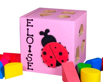Pink shape sorting box wooden baby toy ladybug Montessori educating gift for one year old Christmas Birthday personalized eco friendly toys