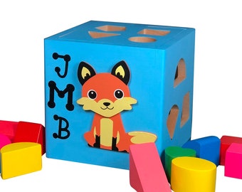 Green personalized shape sorting toys baby shower gift wooden fox toy eco friendly toy grass green baby nursery decoration personalized box