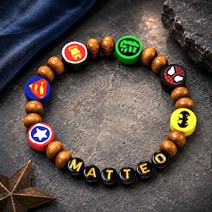 Personalized Hero Bracelet for Boys | Custom Name Wooden Bead Bracelet | Comic Inspired Kids Jewelry | Birthday Gift for Him