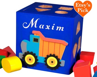 Personalized baby  gift backhoe wooden toy eco friendly farm nursery decor personalized wooden shape sorter customized bright blue