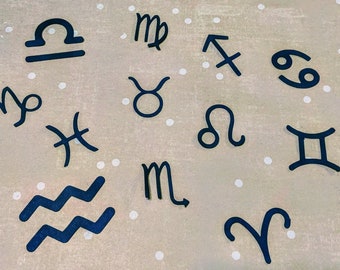 May include: A collection of twelve zodiac signs, each in a black silhouette, displayed on a beige background with white polka dots.