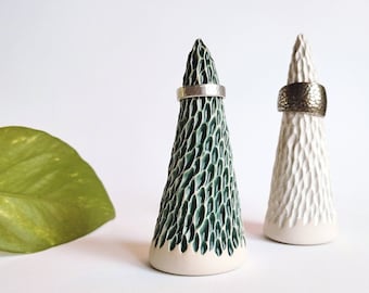 Handmade ceramic ring cones | Organic white & green ring holder display | Elegant unique jewelry ring tree display |SET of 2| READY to SHIP