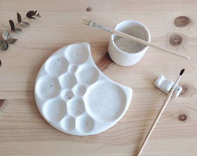 Ceramic Artist Paint Palette Set Unique Handmade Speckled Moon