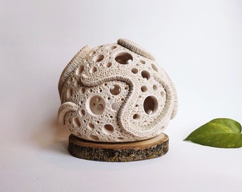 Handmade ceramic sculpture candle holder | Unique coral pierced tea light luminary | Elegant tactile textured organic lamp | READY TO SHIP