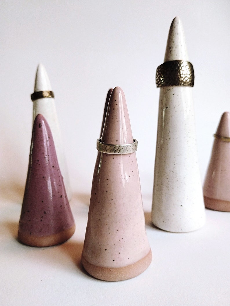 Handmade ceramic ring cones set of 2 Speckled white pink purple ring holder display Elegant unique jewelry tree display READY TO SHIP image 6