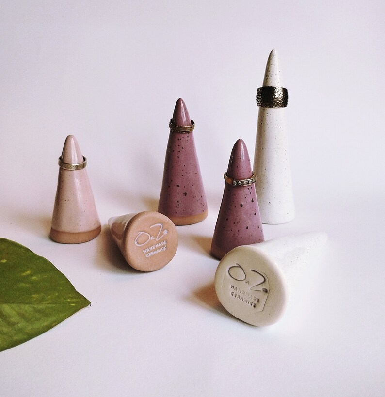 Handmade ceramic ring cones set of 2 Speckled white pink purple ring holder display Elegant unique jewelry tree display READY TO SHIP image 9