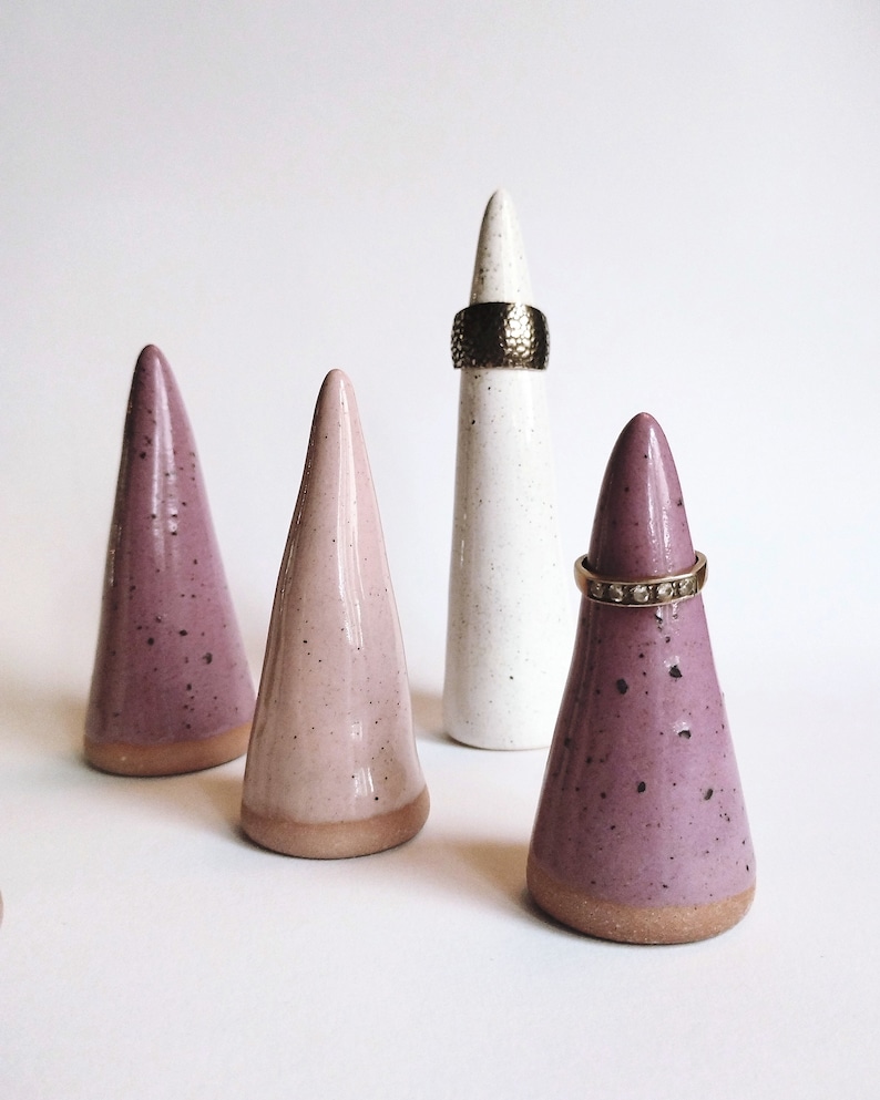 Handmade ceramic ring cones set of 2 Speckled white pink purple ring holder display Elegant unique jewelry tree display READY TO SHIP image 4