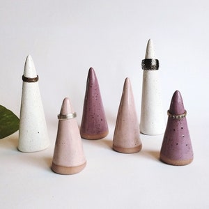 Handmade ceramic ring cones set of 2 Speckled white pink purple ring holder display Elegant unique jewelry tree display READY TO SHIP image 2