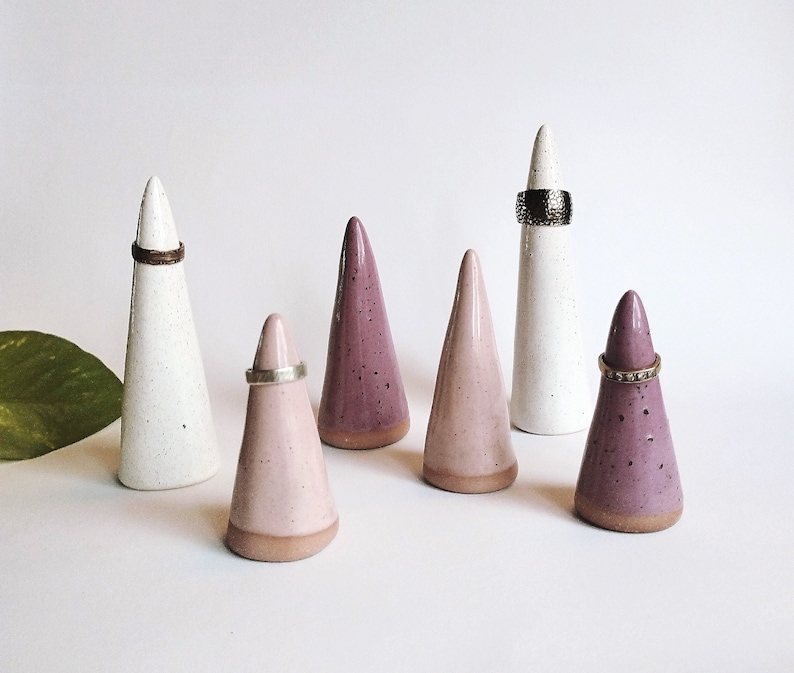 Handmade ceramic ring cones set of 2 Speckled white pink purple ring holder display Elegant unique jewelry tree display READY TO SHIP image 2