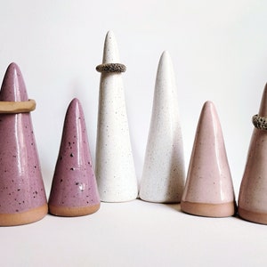 Handmade ceramic ring cones set of 2 Speckled white pink purple ring holder display Elegant unique jewelry tree display READY TO SHIP image 8