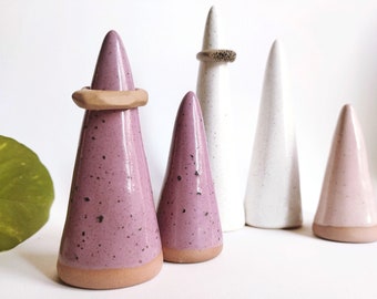 Handmade ceramic ring cones set of 2 | Speckled white pink purple ring holder display | Elegant unique jewelry tree display | READY TO SHIP