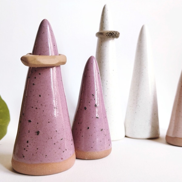 Handmade ceramic ring cones set of 2 | Speckled white pink purple ring holder display | Elegant unique jewelry tree display | READY TO SHIP