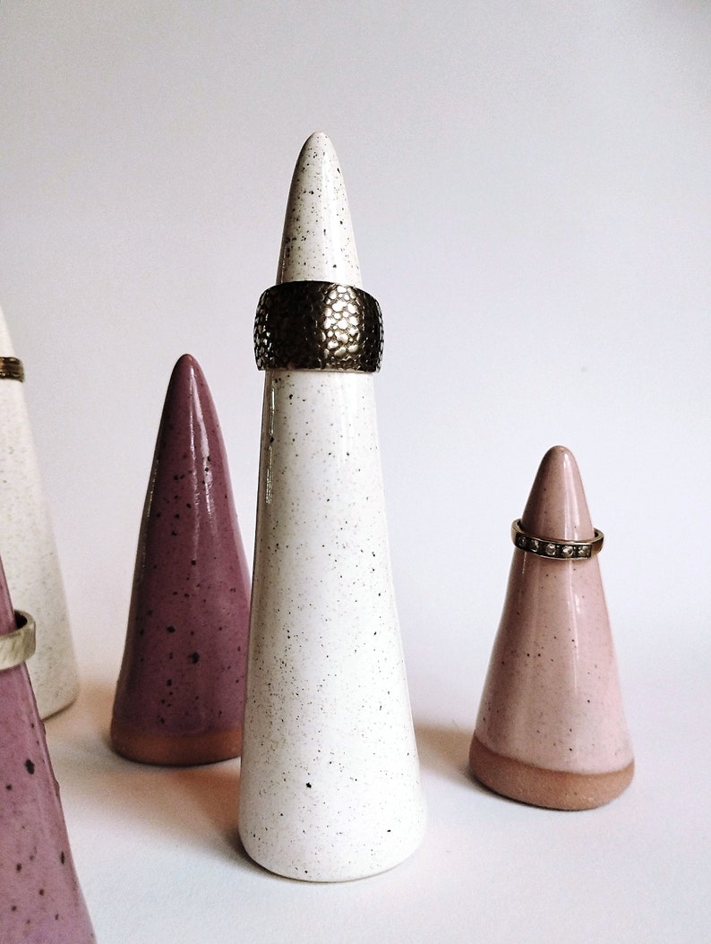 Handmade ceramic ring cones set of 2 Speckled white pink purple ring holder display Elegant unique jewelry tree display READY TO SHIP image 7