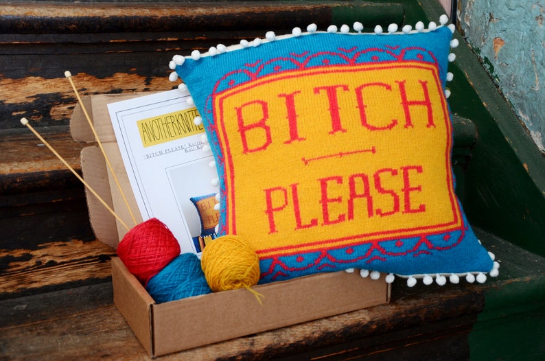 PDF Download Bright Rude Profanity Knitted Scatter Cushion Cover Pattern BITCH PLEASE. Bright Pillow/Cushion/Interior Accessory/ image 2