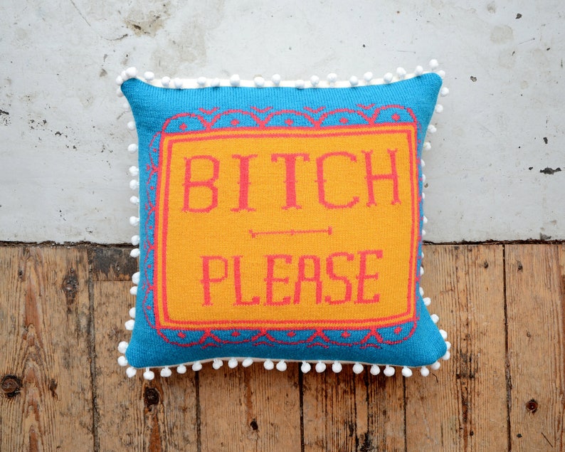 PDF Download Bright Rude Profanity Knitted Scatter Cushion Cover Pattern BITCH PLEASE. Bright Pillow/Cushion/Interior Accessory/ image 1