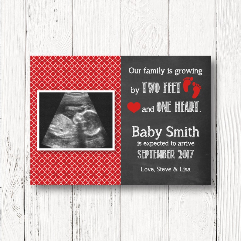 Pregnancy Reveal Growing by Two Feet and One Heart Neutral Red Pregnancy Announcement Card Sonogram Card PRINTABLE DIGITAL FILE