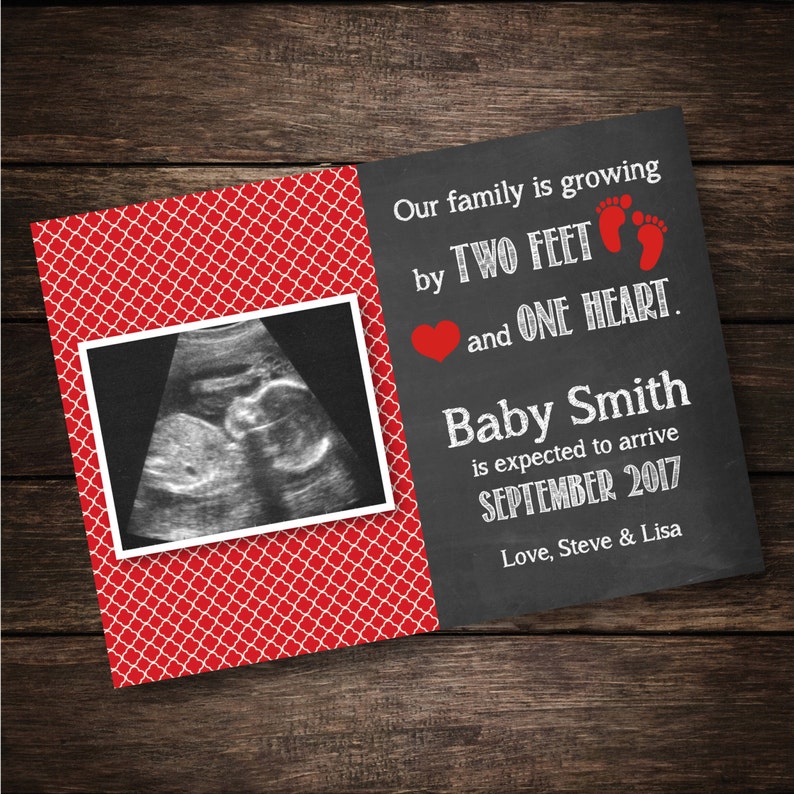 Pregnancy Reveal Growing by Two Feet and One Heart Neutral Red Pregnancy Announcement Card Sonogram Card PRINTABLE DIGITAL FILE