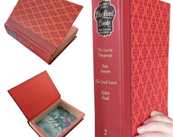 Imperfect Red Damask Hollow Book Safe | Book Safe | Hollowed Out Book | Book Box | Secret Book Stash Gift Box | Secret Compartment | Vintage