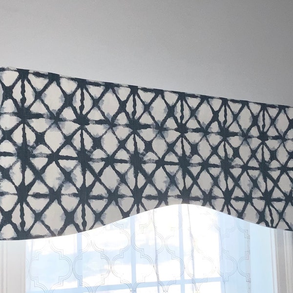 Navy Blue Arched Window Valance, Geometric Print, Custom Width