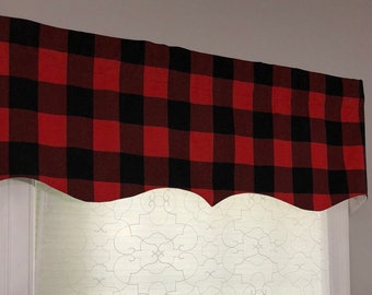 Scalloped Red and Black Buffalo Plaid  valance. Custom windows valance, shaped valance  Red, Black, Gray, Navy, Natural