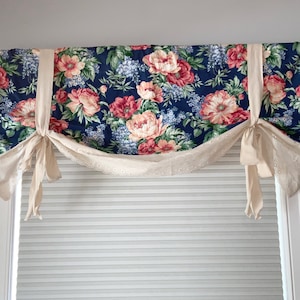 Floral Kitchen Curtain Valance, Navy Farmhouse Window Treatment, Custom Size