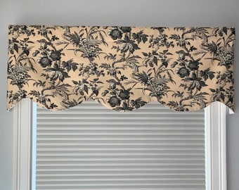 Floral Scalloped Window Valance, Black and Natural Print